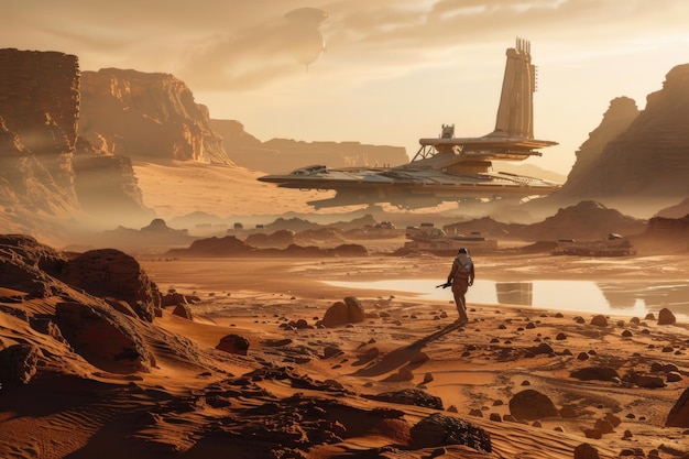 A man stands alone on top of a sandy beach on Mars gazing out at the vast alien landscape before him