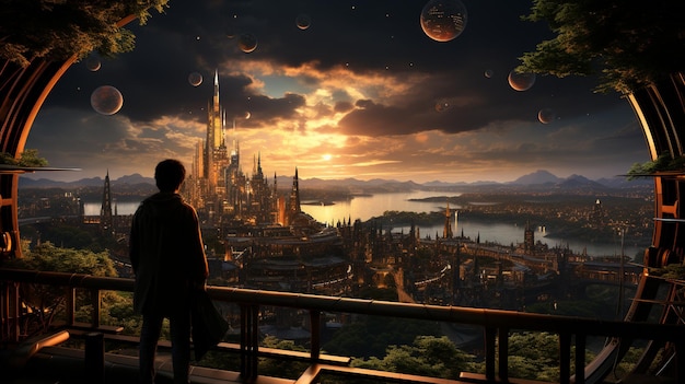A man stands atop a skyhigh futuristic structure overlooking the city below