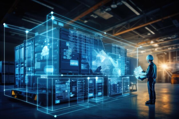 A man stands in awe before a massive data display seeking valuable insights and thorough analysis The growth of the logistics industry with advanced technologies AI Generated