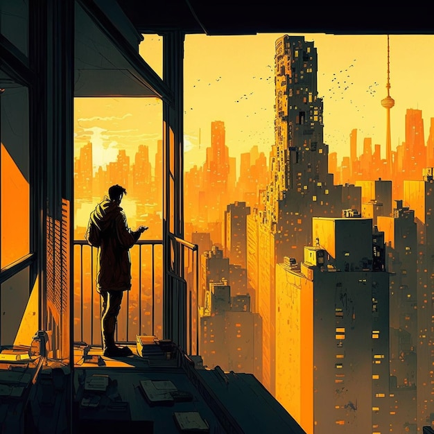 A man stands on a balcony in front of a cityscape with a cityscape in the background.