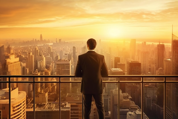 A man stands on a balcony looking at a cityscape at sunset.