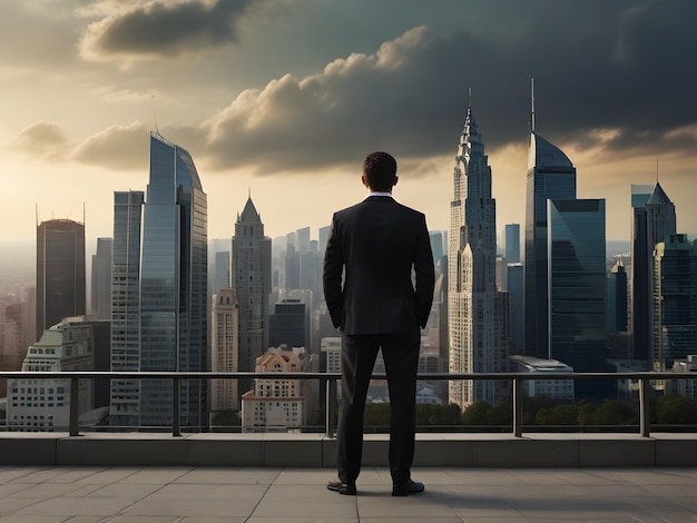 a man stands on a balcony looking at the cityscape