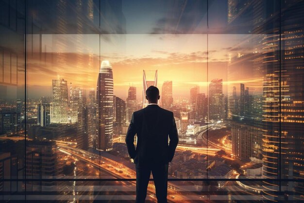 Photo a man stands on a balcony looking out at the city