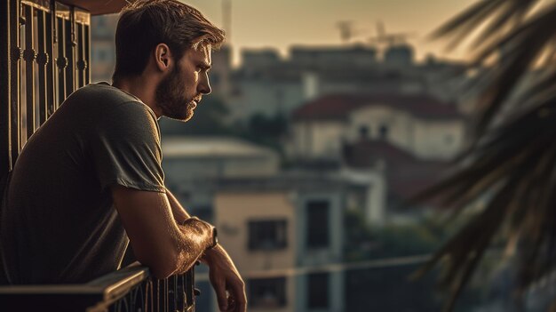 A man stands on a balcony looking out over a city.