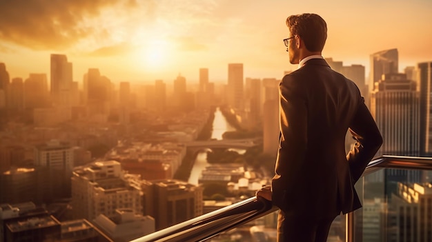A man stands on a balcony overlooking a city skyline.