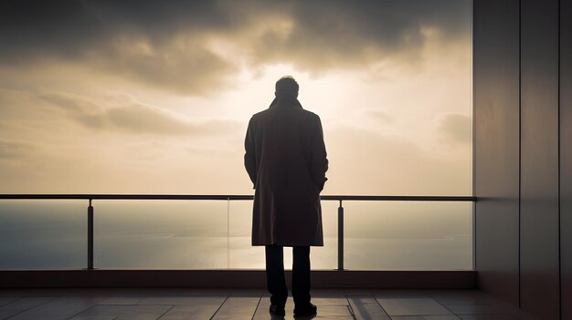 A man stands on a balcony overlooking a sunset.