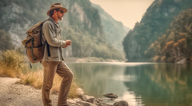 A man stands on a bank of a river in the mountains