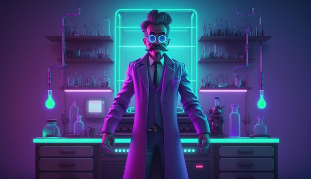 A man stands in a bar with neon lights on his face.