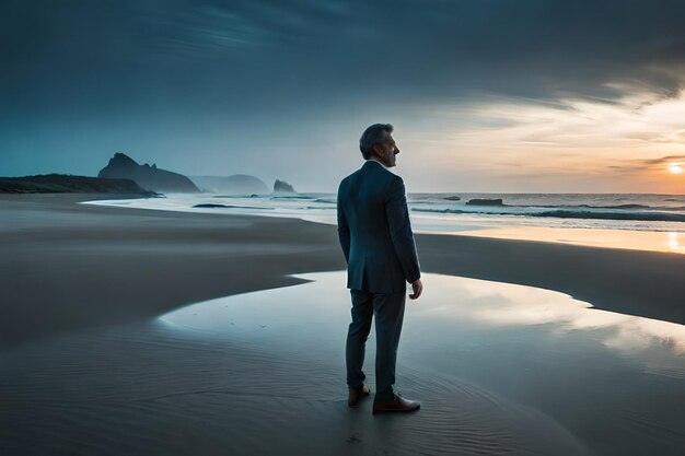 Foto un uomo si trova su una spiaggia di fronte a uno specchio d'acqua.