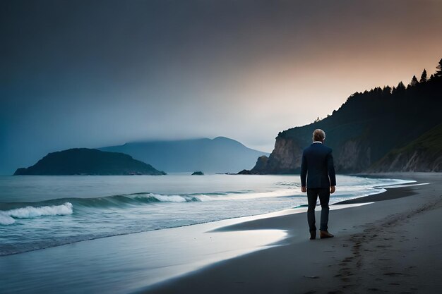 男は海を背景に山の前の浜辺に立っています。