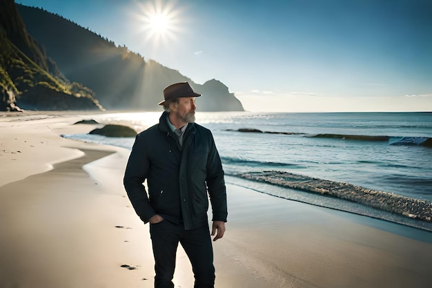 A man stands on a beach in front of a mountain with the sun shining on his face.