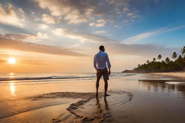 A man stands on a beach in front of a sunset.