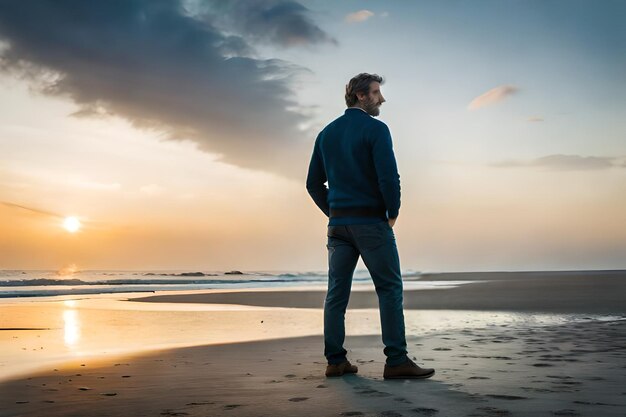 Foto un uomo si trova su una spiaggia di fronte a un tramonto.