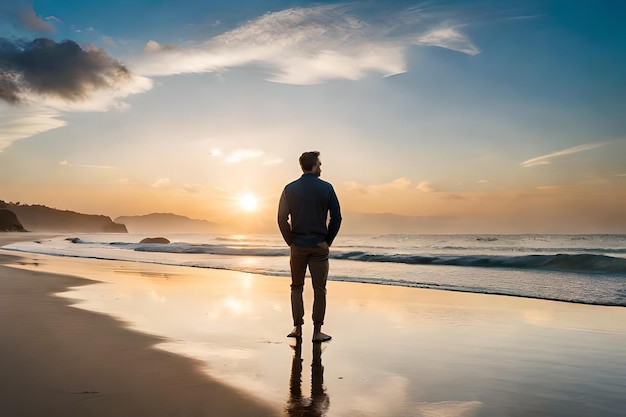 a man stands on a beach in front of a sunset.