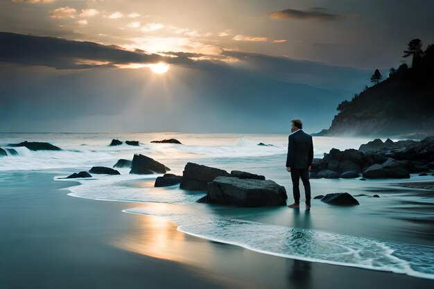 a man stands on a beach in front of a sunset.