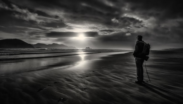 A man stands on a beach looking out to sea.