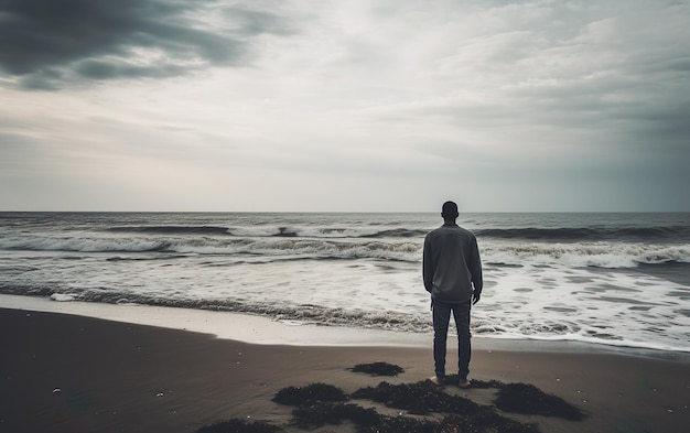 A man stands on a beach looking out to sea.