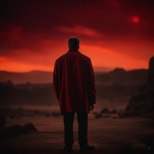 A man stands on a beach looking at the sunset.