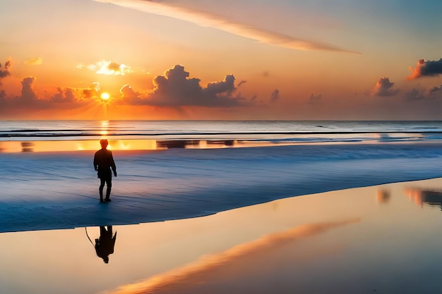 Мужчина стоит на пляже на закате, за ним садится солнце.