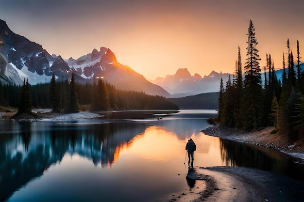 A man stands on a beach at sunset.