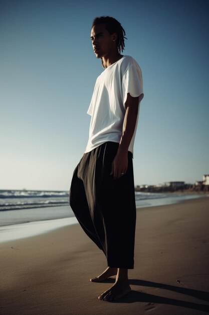 A man stands on the beach wearing a white shirt and pants.