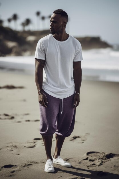 A man stands on a beach wearing a white shirt and purple shorts.