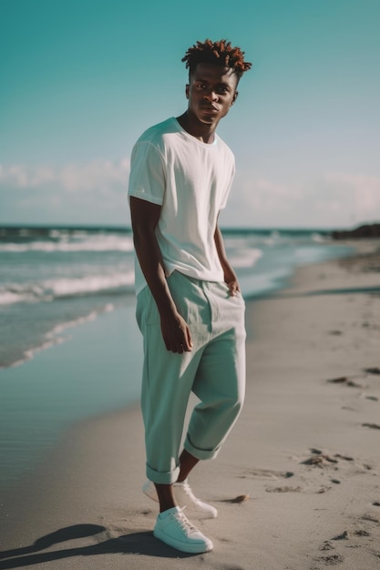 A man stands on a beach wearing a white t - shirt and pants.