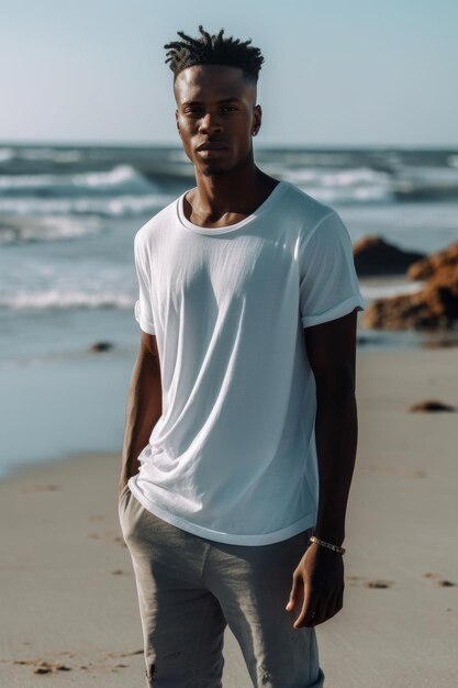 A man stands on a beach wearing a white t - shirt and a white hat.