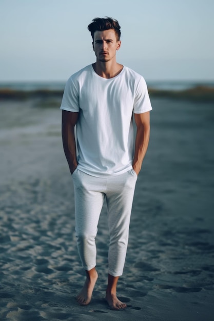 A man stands on the beach wearing a white t - shirt and white pants.