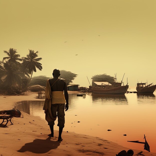 Photo a man stands on a beach with a boat in the background