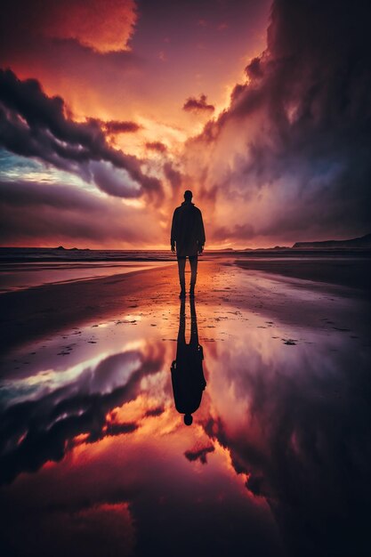 A man stands on a beach with a cloudy sky in the background.