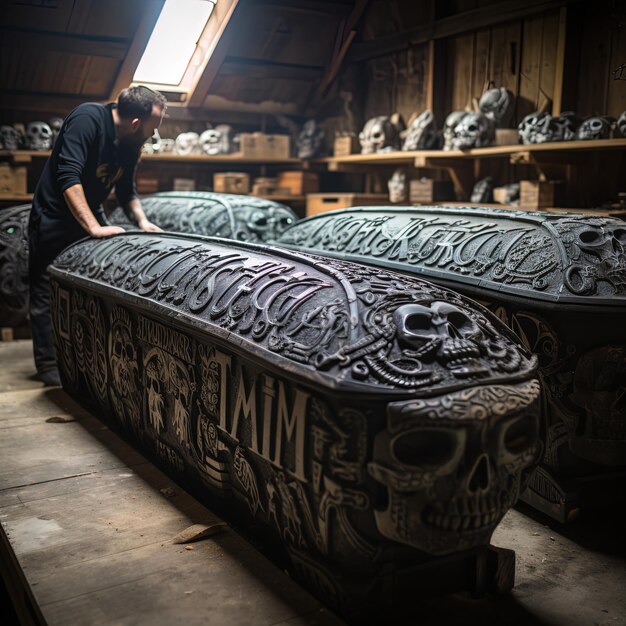 a man stands on a bed with a skull and bones on it