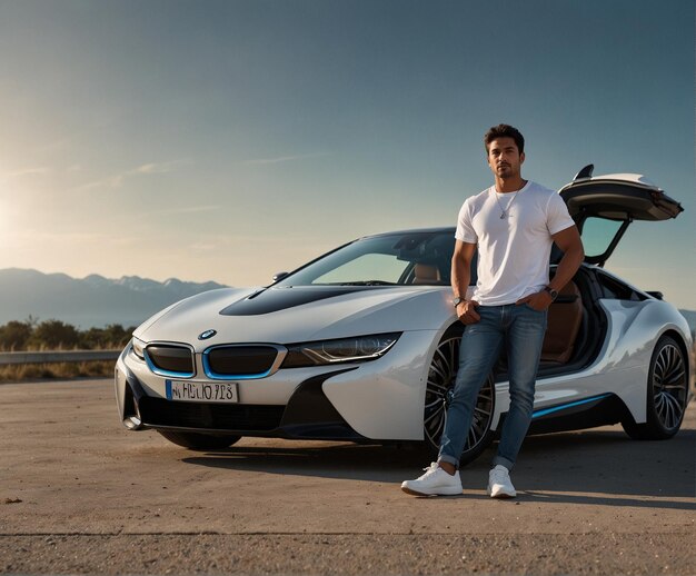 Photo a man stands next to a bmw car that says f6