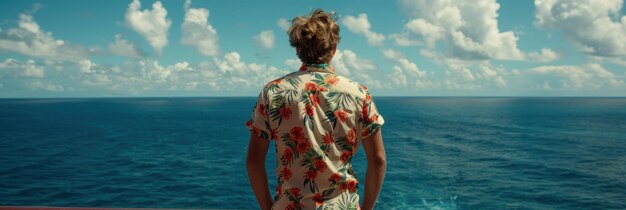 Photo a man stands on a boat gazing out at the vast ocean