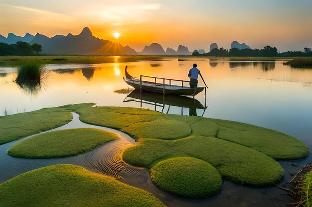 A man stands on a boat in the water with a mountain in the background.