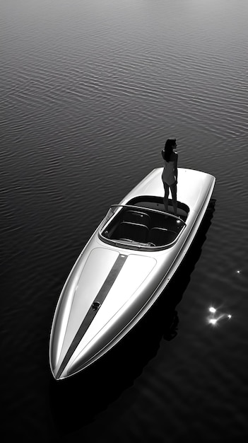 太陽が照らす水中のボートの上に男が立っています。