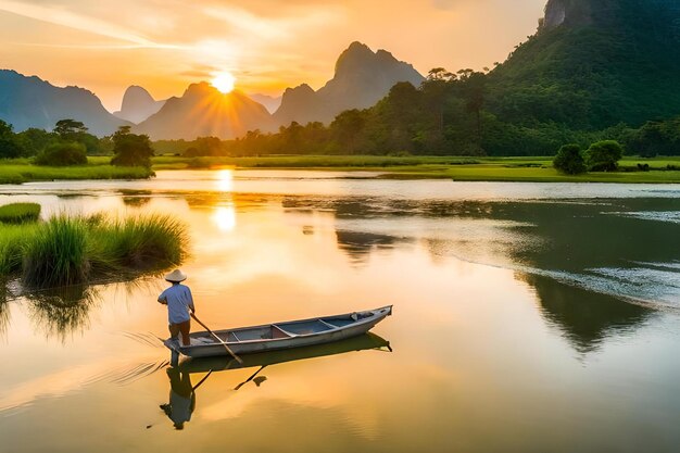 A man stands in a boat with the sun setting behind him.