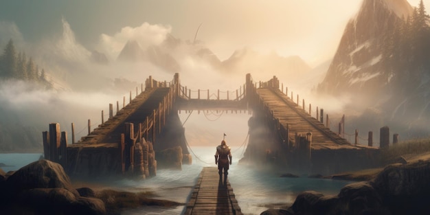 Мужчина стоит на мосту в туманном пейзаже с драконом на нем.