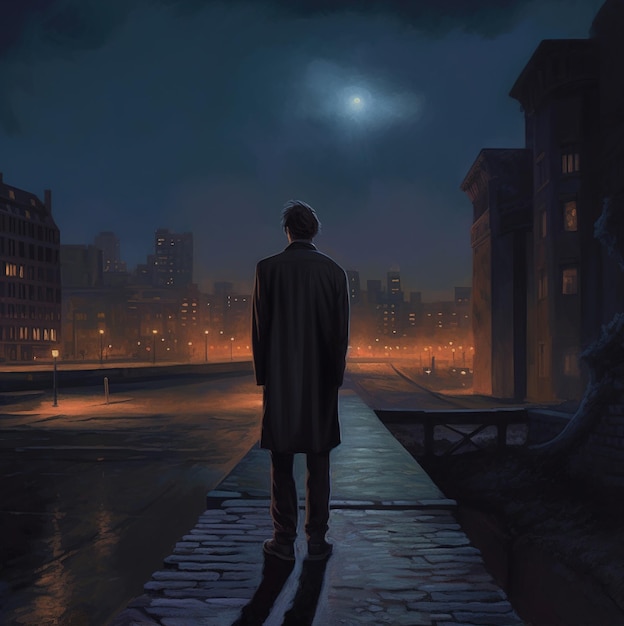 A man stands on a bridge in the night.