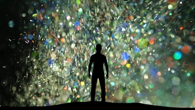 The man stands on bright shimmering particles background