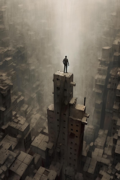 A man stands on a building in the middle of a city.