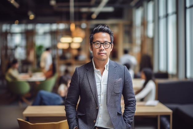 A man stands in a busy office with a glass wall behind him.