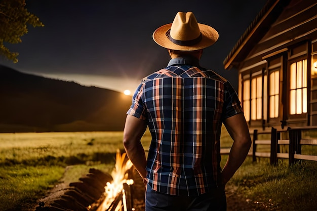 Foto un uomo si trova accanto a un falò di notte