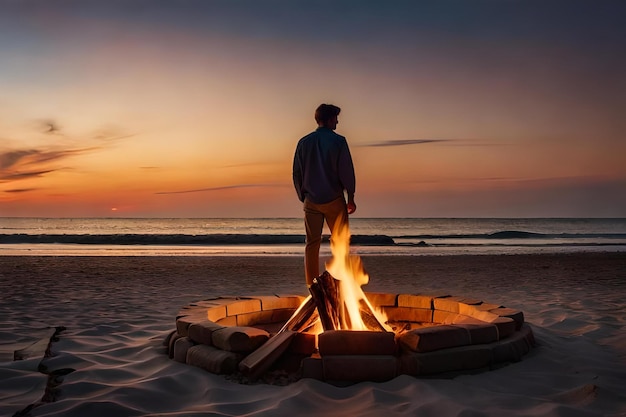 A man stands by a fire at the beach at sunset.