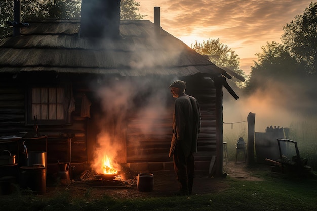 A man stands by a fire in front of a house with a cloudy sky.