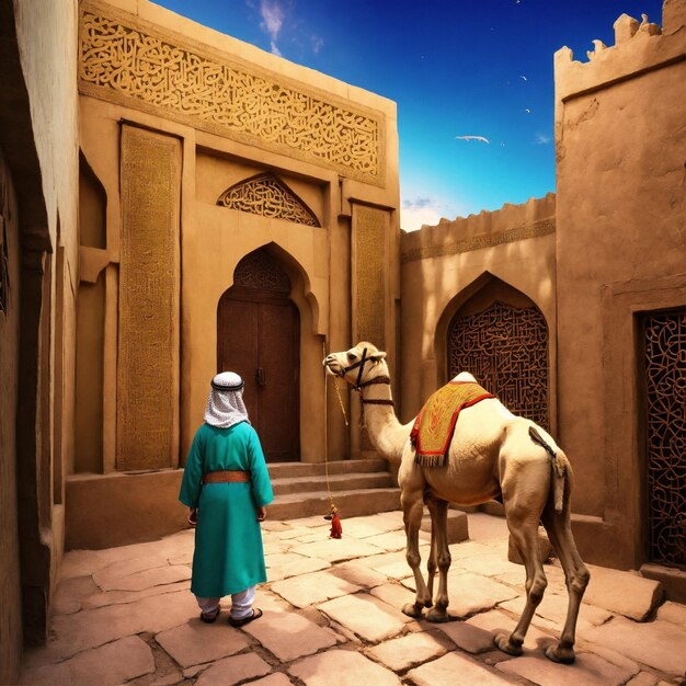 Photo a man stands next to a camel in front of a building with a blue sky behind him