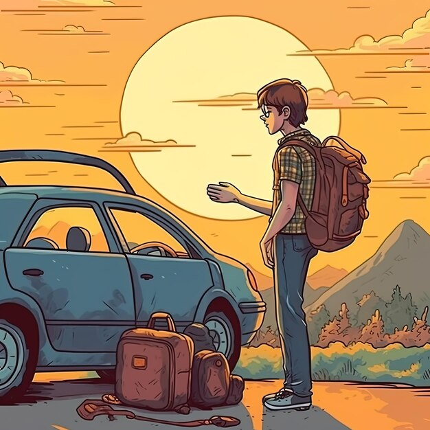 a man stands next to a car with a backpack and a backpack.