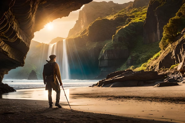 A man stands in a cave looking out to the ocean.