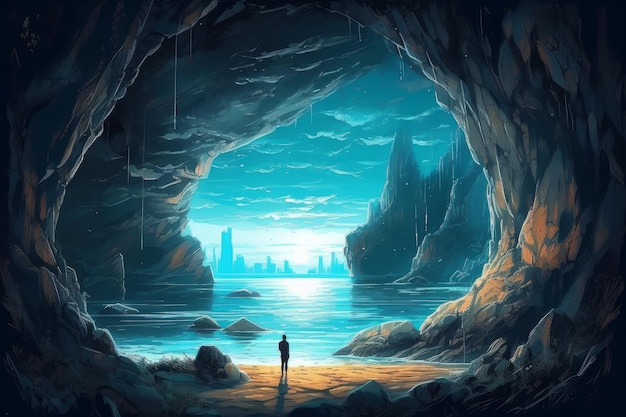 A man stands in a cave looking out to the sea.