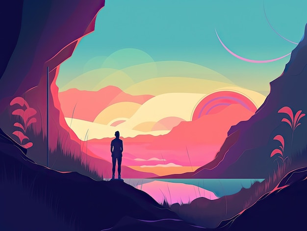 A man stands in a cave looking at a sunset outdoor explore travel illustration